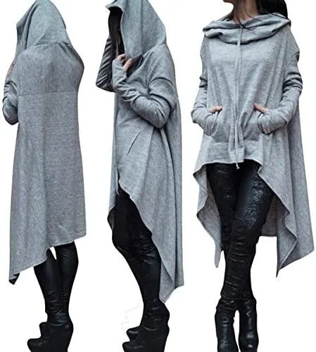 Vista 3 de Abrigo de manga larga con cordón para mujer, color liso, suelto, casual, poncho con capucha (verde militar, M)