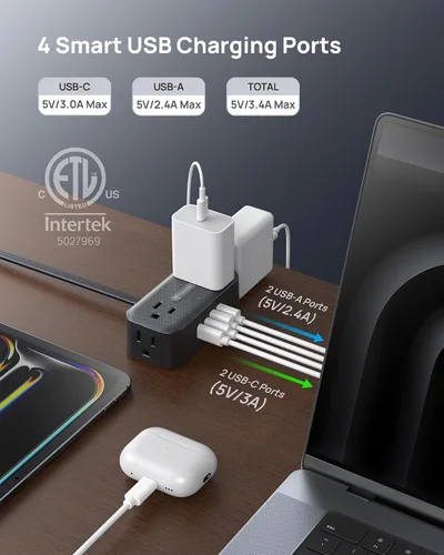 Vista 2 de TROND - Regleta de alimentación con enchufe plano giratorio de 360°, cable de extensión de 3 pies con 4 puertos USB, 4 tomas de CA ampliamente