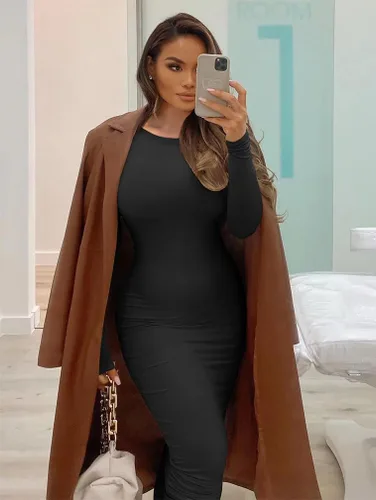 Vista 5 de Vestido sexi ceñido al cuerpo para mujer, vestido por debajo de la rodilla tipo lápiz, de manga larga y cuello redondo, para trabajo y oficina