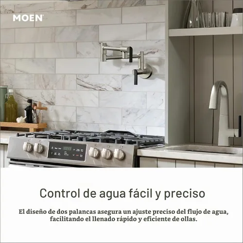 Vista 5 de Moen Grifo de cocina de doble junta montada en pared con brazo oscilante plegable de oro cepillado, S664BG