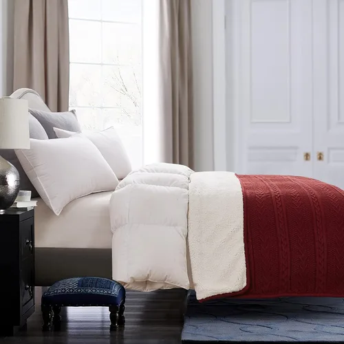 Vista 4 de Longhui bedding - Manta de punto trenzado de acrílico sherpa, gruesa, suave, grande, acogedora, manta de vellón tejida de color rojo vino para sofá