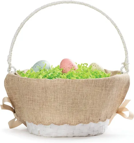 Vista 3 de Cesta de huevo de Pascua personalizada con asa y nombre personalizado en escritura blanca Forro de arpillera con borde festoneado Cestas blancas