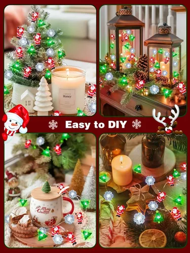 Vista 5 de Guirnalda de luces de Navidad, 10 pies, 30 LED, árbol de Navidad, Papá Noel, copo de nieve, luces de hadas, funciona con pilas, con control remoto