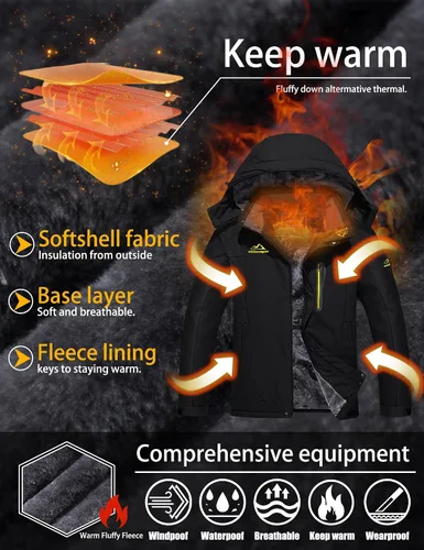 Vista 3 de TACVASEN Chaqueta de esquí de invierno para hombre, abrigo de nieve impermeable, forro polar, parka cálida con capucha
