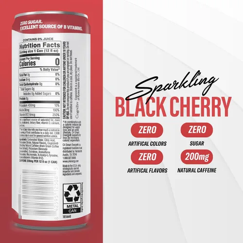 Vista 3 de C4 Smart Energy Drink - Combustible de rendimiento sin azúcar y estimulador cerebral nootrópico, sustituto del café o alternativo, cereza negra, 12