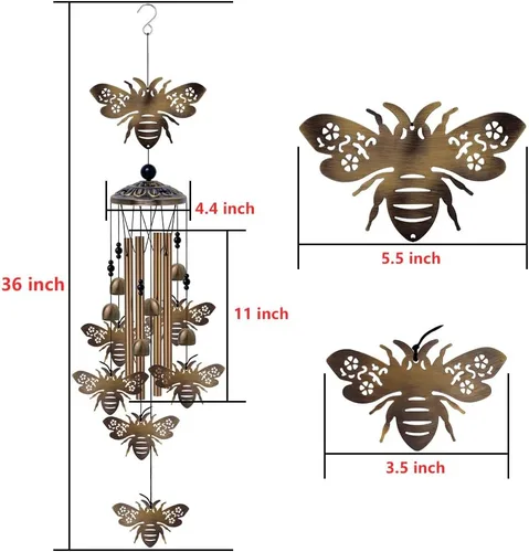 Vista 3 de Campanillas de viento de abejas para exteriores, regalos para mamá - Campanas conmemorativas de bronce, atrapavientos de simpatía móvil, decoración
