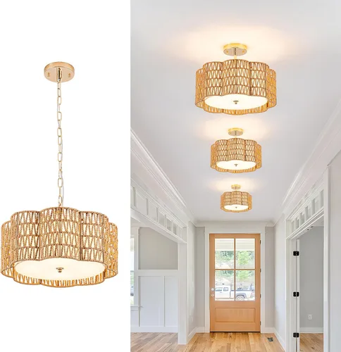 Vista 12 de ✿ Lámpara de Techo de Ratán Tejido a Mano de 13.8" con 3 Luces Montaje Empotrado Boho Negro para Dormitorio Pequeño y Guardería, Luz de Techo