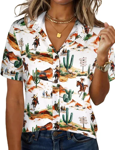 Vista 23 de LILYCHIC Camisas hawaianas de verano con botones de coco para mujer, camisas suaves con botones de manga corta A-hoja floral negra