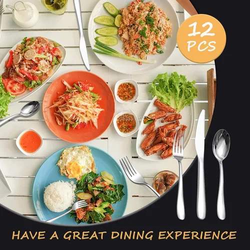 Vista 4 de SANTUO Juego de cubiertos de acero inoxidable de 12 piezas para cena, incluye 4 cuchillos de cena, 4 tenedores de cena, 4 cucharas de cena, juego