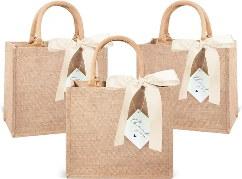 Vista 8 de Paquete de 6 bolsas de arpillera con asas reutilizables, mini bolsas de regalo de yute con cintas de seda azules, forro impermeable para bodas