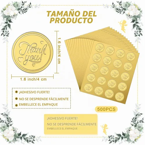 Vista 2 de Seajan 500 calcomanías en relieve de oro con texto en relieve vintage para sobres, autoadhesivas, papel de aluminio redondo, suministros de tarjetas