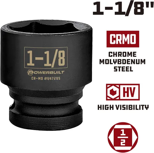 Vista 2 de Powerbuilt 647295 - Toma de impacto SAE de 1/2 pulgada x 1-1/8 pulgadas, construcción cromada moly de 6 puntos con acabado de fosfato negro
