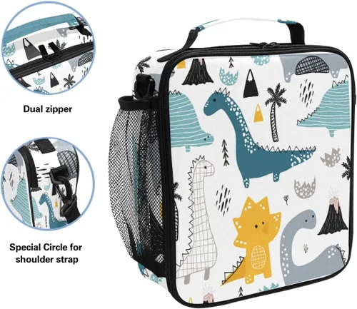 Vista 2 de OREZI Lonchera escolar infantil de dinosaurio para niños y niñas, bolsa de almuerzo aislada con correa ajustable, a prueba de fugas y duradera
