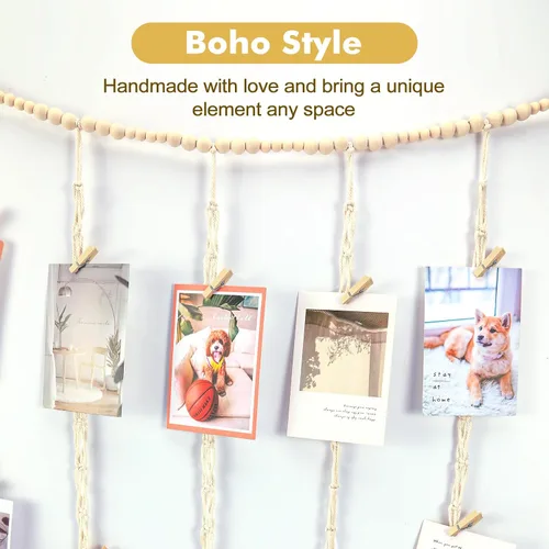 Vista 2 de KLOGTSIND Exhibición Colgante de Fotos de Macramé, Decoración de Pared Boho, Porta Tarjetas Navideñas con Cadena de Luces, Colgador de Fotos con 50