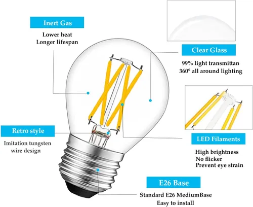 Vista 3 de Bombilla LED de 12 voltios equivalente a 40 vatios, base E26, filamento Edison vintage de 12 V, 4 W, 400 lm, blanco cálido 2700 K CA/CC 12 V-36 V