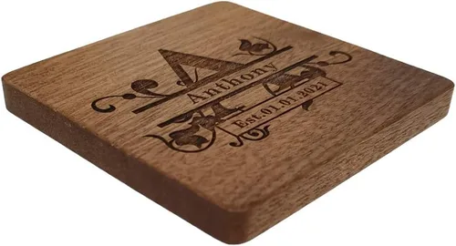Vista 5 de Posavasos personalizados, posavasos de madera grabados personalizados para bebidas, posavasos con monograma con soporte, regalos de boda, regalos