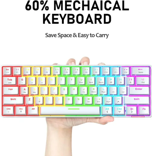 Vista 4 de Teclado mecánico para juegos 60% con cable, Chroma RGB 12 LED retroiluminado tipo C, inalámbrico, 61 teclas, teclado compacto para juegos, Bluetooth