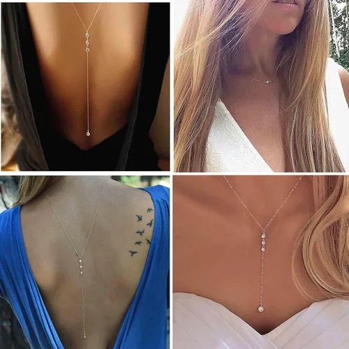 Vista 2 de Collar de telón de fondo de cristal de boda con circonita cúbica dorada, collar de cadena larga con diamantes de imitación en Y, collar de espalda