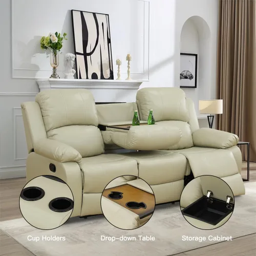 Vista 3 de Juego de Muebles para Sala de Estar, Juego de Sofá Reclinable Manual, Juegos de Sofás Reclinables de Cuero Beige con Mesa Desplegable, Sofá