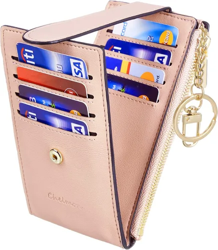 Vista 6 de Chelmon Billetera delgada con bloqueo RFID para mujer, con bolsillo con cremallera, Rosa Champán, Minimalista