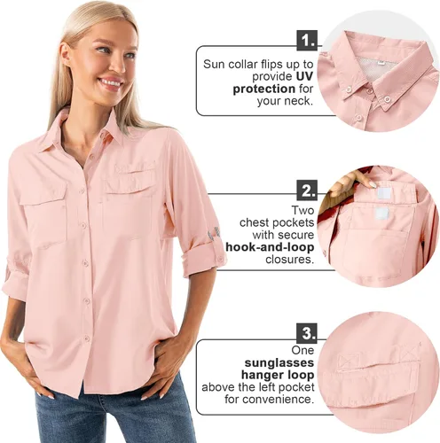 Vista 2 de Camisas de safari para mujer, manga larga, protección solar al aire libre, secado rápido, pesca, senderismo
