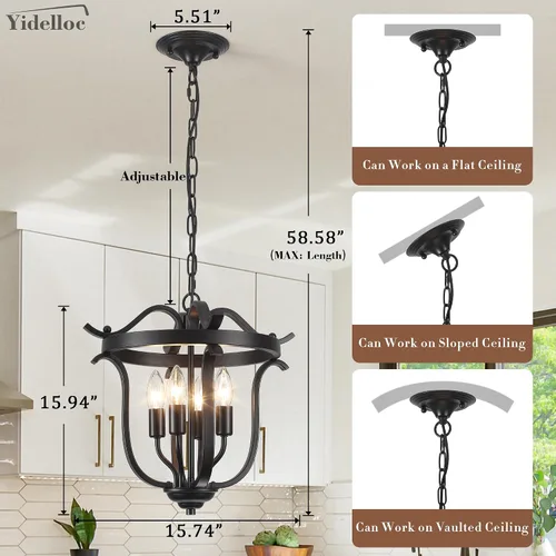 Vista 3 de Candelabro negro de granja, 4 lámparas de techo para comedor Lámpara colgante de jaula vintage para comedor, cocina, entrada, pasillo, vestíbulo