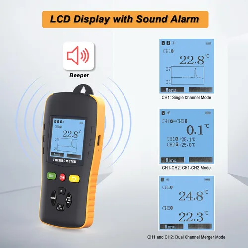 Vista 3 de Tzone Termómetro de datos de termopar tipo K/T/J Termómetro de doble sonda de mano dual channel temp recorder usb,digital,61440 recordings,auto