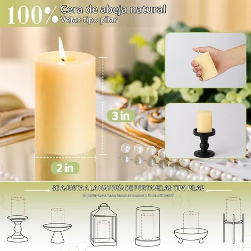Vista 3 de Paquete de 3 velas de cera de abeja en forma de pilar, velas de cera de abeja blanco marfil - 105 horas de combustión larga, velas de cera de abeja