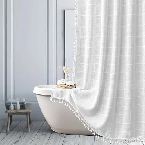 Vista 13 de Cortina de ducha de tela de estilo granja con rayas negras, cortina de baño bohemia de patchwork de gingham, cortina de baño rústica y elegante