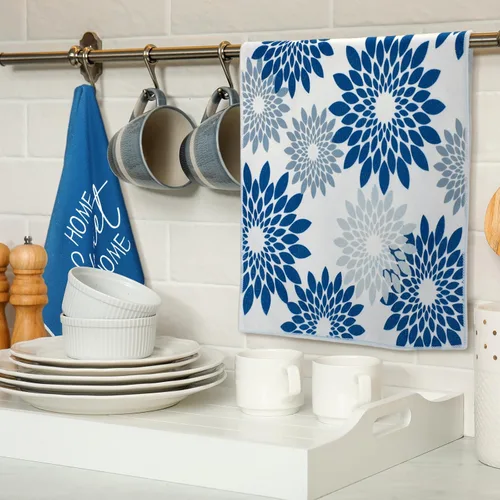 Vista 2 de Kajaia 4 paños de cocina azules florales paños de cocina geométricos, toallas de mano decorativas bohemias, paños de mano absorbentes a cuadros