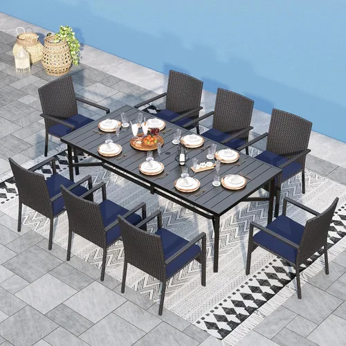 Vista 8 de Sophia & William Juego de comedor de patio de 9 piezas para 8, mesa al aire libre y sillas de ratán, mesa rectangular extragrande de 83 pulgadas