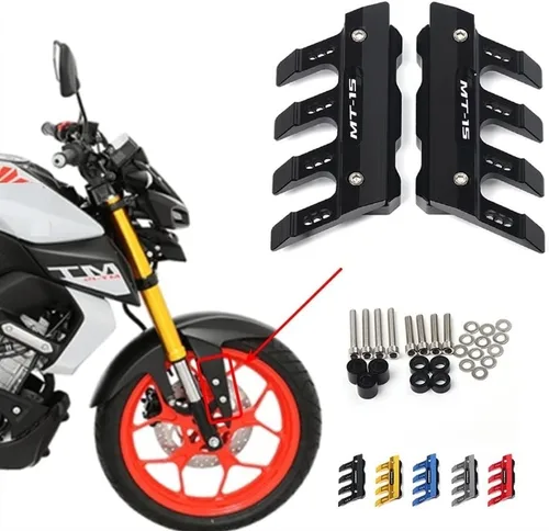 Vista 2 de SCUUBE Protector lateral para motocicleta Yamaha MT-15 MT15 Protector de horquilla delantera Protector de guardabarros delantero Bloque