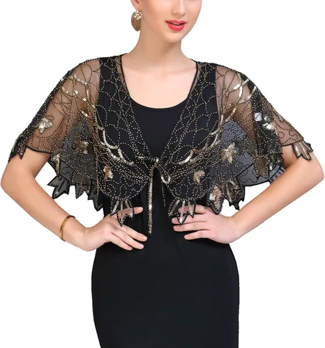 Vista 10 de Chales envolventes para mujer de los años 1920 con lentejuelas y cuentas, chales nupciales estilo flapper, capa de noche A #. Estilo 2-negro y dorado