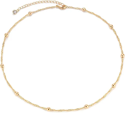Vista 11 de MEVECCO Gargantilla Delicada de Cadena de Oro Collar Gargantilla de Oro de 14K Plateado Hecho a Mano Boho Lindo Pequeñas Cuentas con Eslabones