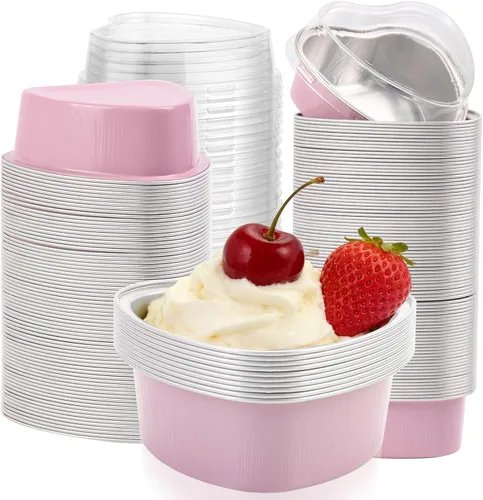 Vista 8 de Juego de 15 moldes para pasteles en forma de corazón con tapas, mini recipientes desechables de papel de aluminio para cupcakes de 22.7 onzas