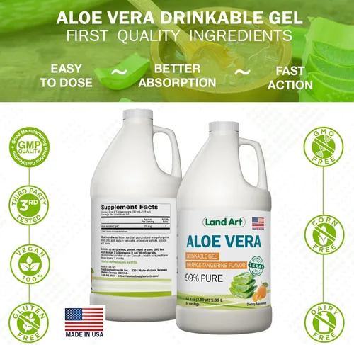 Vista 8 de Land Art Pure Aloe Vera - Gel Bebible con Sabor a Naranja y Mandarina - Filete Interior Procesado en Frío - de Hojas Frescas Orgánicas de Texas