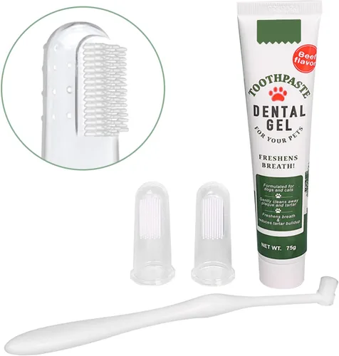 Vista 3 de Kit de cepillado de dientes para mascotas, cepillo de dientes para dedos de perro, cepillo de dientes de 360° y pasta de dientes con sabor a carne