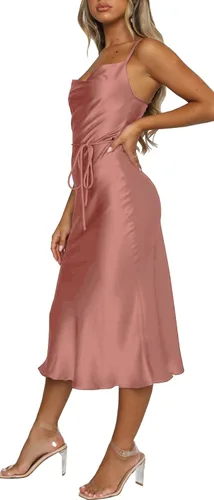 Vista 3 de UTNISAN Vestido de noche formal para mujer con cuello redondo tirantes delgados de satén para invitadas de boda vestido de noche por debajo