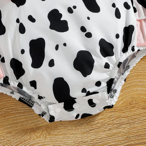 Vista 6 de IDOPIP Mameluco de verano con estampado de vaca, sin mangas, con volantes, espalda descubierta, con diadema, traje de cumpleaños de vaca