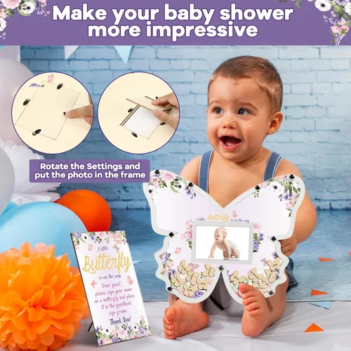 Vista 5 de 64 piezas de decoración de mariposa para baby shower, libros de invitados alternativas para baby shower de niña, letrero de madera para baby shower