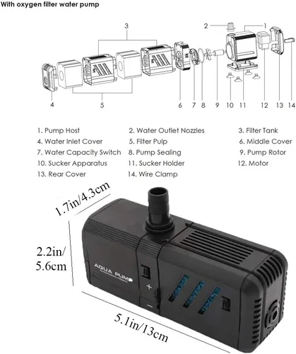 Vista 6 de MQ Bomba de agua sumergible de 130 GPH (500 L/H, 6 W) con filtros y boquillas de agua, ultra silenciosa para acuario, pecera, estanque, fuente