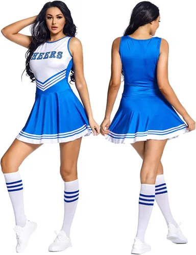 Vista 5 de Disfraz de animadora para mujer, disfraz de Halloween con pompones de animadora y calcetines altos a la rodilla, uniforme