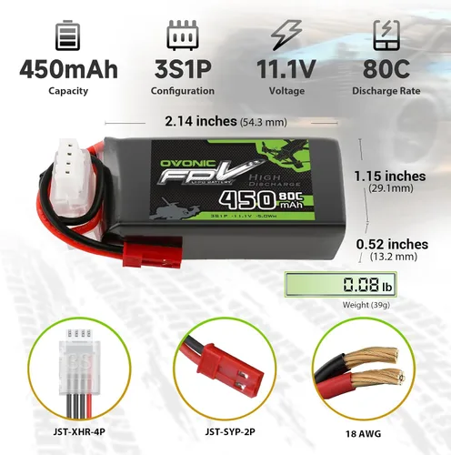 Vista 2 de OVONIC Batería Lipo de 11.1V 80C 450mAh 3S con enchufe JST