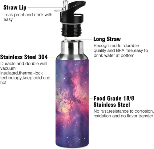 Vista 3 de Botella de agua colorida y hermosa galaxia de acero inoxidable de 20.3 fl oz, a prueba de fugas, adecuada para gimnasio, escuela, niños y adultos