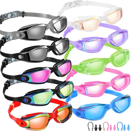 Vista 10 de Konohan Paquete de 10 gafas de natación a granel para niños y adultos, gafas de piscina antivaho de silicona sin fugas, gafas de natación
