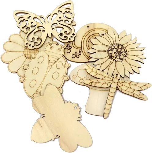 Vista 3 de Honbay 40 piezas de recortes de madera de primavera sin terminar de madera, mariposa, girasol, escarabajo, flor, libélula hongo, abeja, caracol