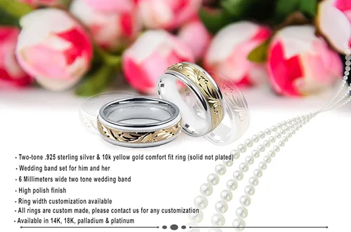 Vista 7 de Anillo de boda de plata esterlina y oro amarillo de 10 quilates, 8 milímetros, 2 tonos