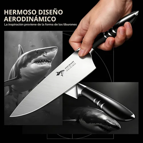 Vista 7 de MAD SHARK Cuchillo de chef de 8 pulgadas, cuchillo de cocina de alto carbono de acero inoxidable con mango ergonómico, cuchillo de cocina con caja
