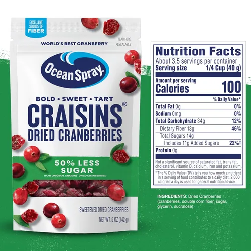 Vista 2 de Ocean Spray® Craisins®, arándanos secos con 50% menos azúcar, fruta deshidratada, bolsa de 5 onzas