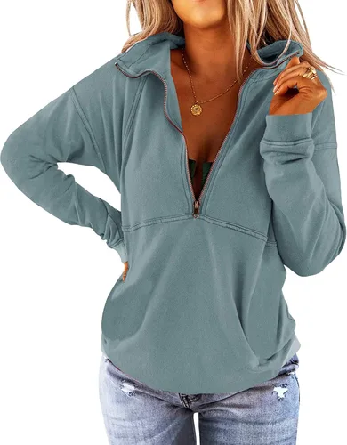 Vista 21 de Floral Find Women's Long Sleeve Lapel Half Zip Up Sweatshirt Solid Stylish Loose Fit Casual Pullover Tops B-Azul marino